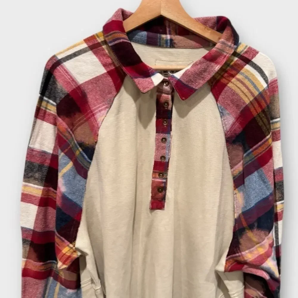 NEW FREE PEOPLE Isabelle Plaid Trim Thermal Henley In Mink Combo Size Large